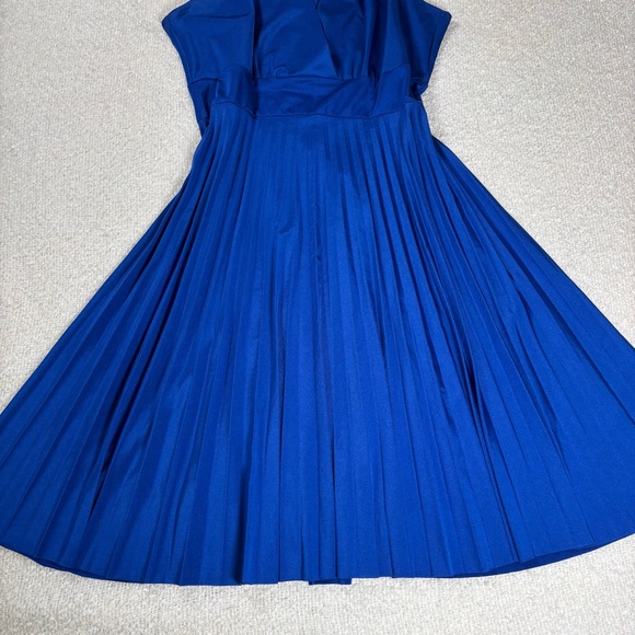 y2k flowy royal blue midi pleated dress short sleeve ruffles classy timeless - Picture 6 of 8